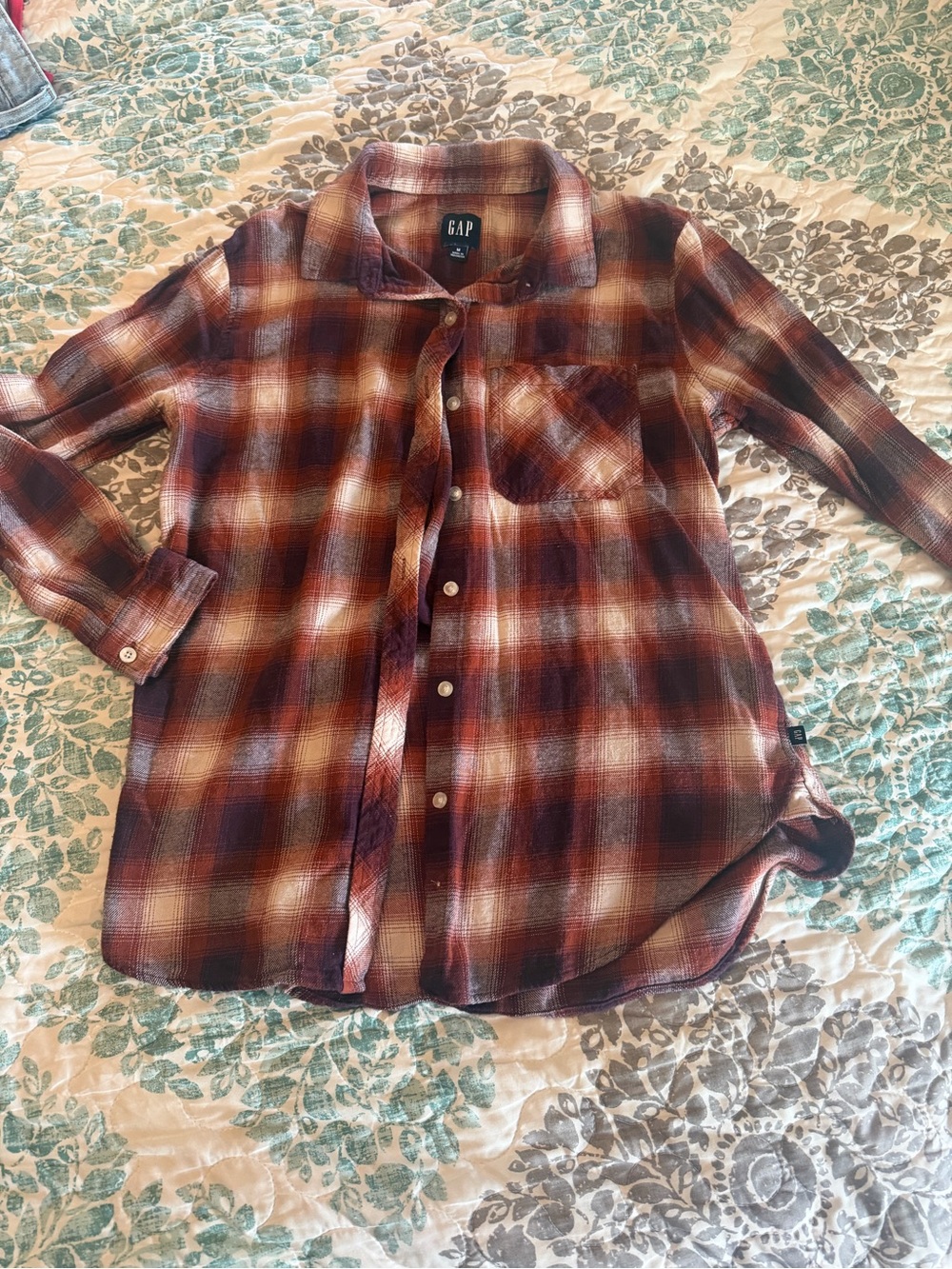 GAP Men's Burgundy and Cream Plaid Button-Down Shirt